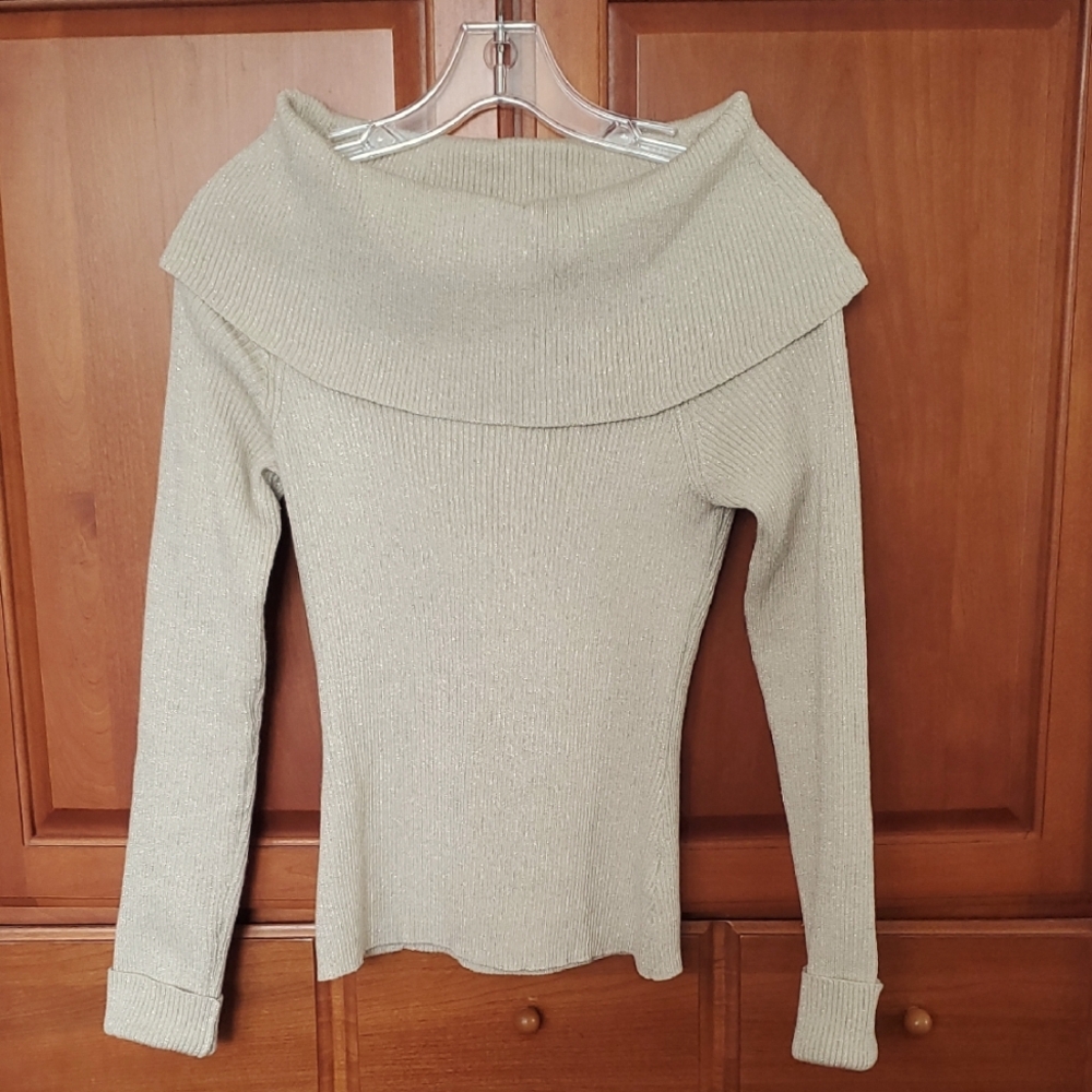 Elegant Cream Off-Shoulder Sweater With Gold Threading, Size S